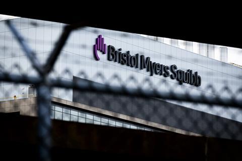 Bristol Myers Squibb sign from outside a fence
