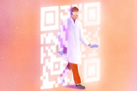 Scientist walking through a QR code